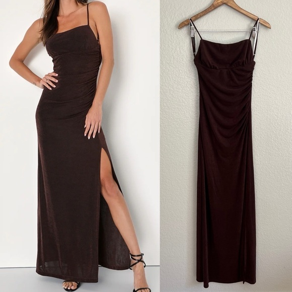 Complete Catch Brown Backless Lace Ruched Maxi Dress - Picture 1 of 8